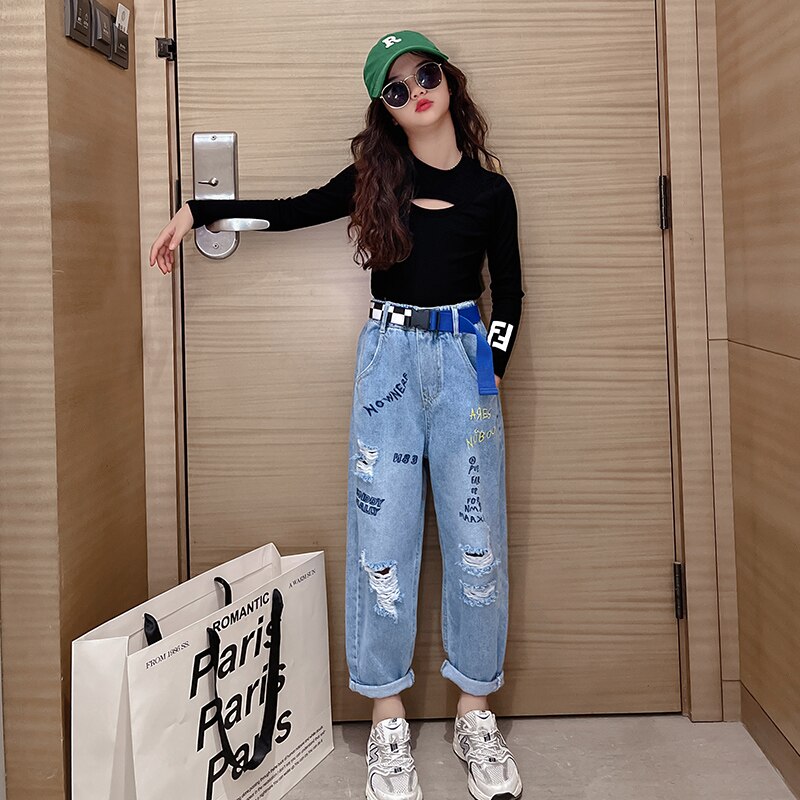 Jean déchiré en Denim pour filles, pantalon bleu avec des trous, pour enfants de 5 6 7 8 9 10 11 12 13 ans, printemps été