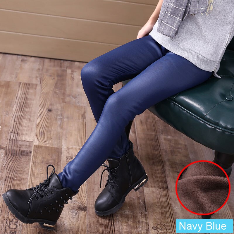 Imitert skinn vinter jenter leggings barn tykk fløyel legging baby barn bukser solid slank pjokk jente klær: Marineblå / 10t