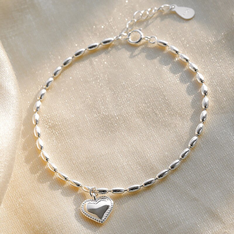 Kofsac 925 Sterling Silver Love Heart Armband Vrouwen Leuke Rijstkorrels Armband Meisje Valentijnsdag Accessoires: Default Title