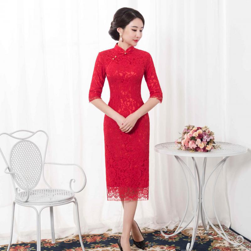 Sexy kanten jonge dame dobby cheongsam chinese traditionele mandarijn kraag vintage qipao slanke middellange vestidos oversized
