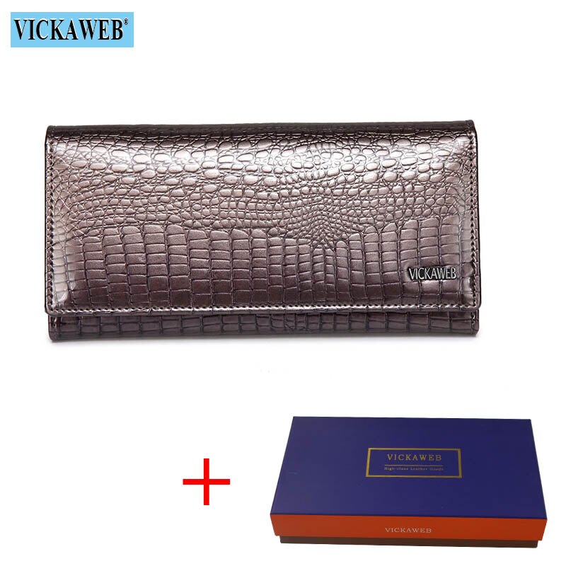 VICKAWEB Long Wallet Women Genuine Leather Alligator Womens Wallets And Purses Lady Hasp & Zipper Standar Wallet Female: Gray Wallet and Box