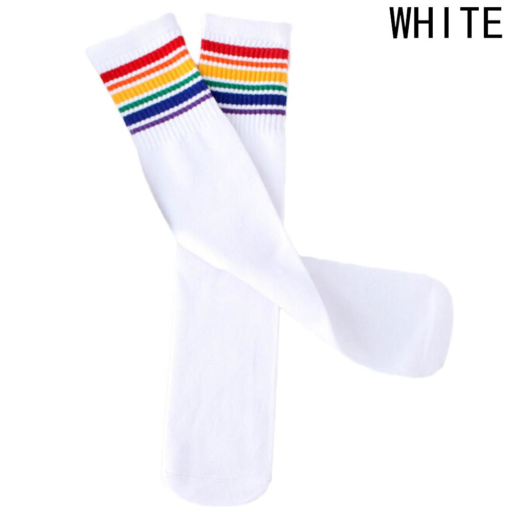 Girl Boy Rainbow Striped Sports Socks Knee-High Long Sock Football Running Socks For Kids: WT / 42CM