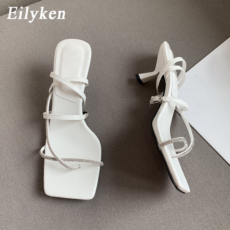 Eilyken Summer Clip Toe Buckle Strap Women Sandals 2022 Crystal Diamond Narrow Band Thin Medium Heels Flip Flops Shoes