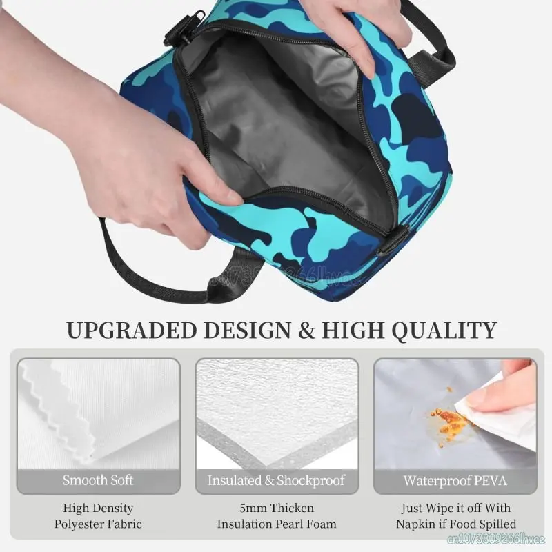 Blue Camo Camouflage Pattern Insulated Lunch Bag Reusable Thermal Leakproof Cooler Bento Tote Bags for Work School Travel Picnic