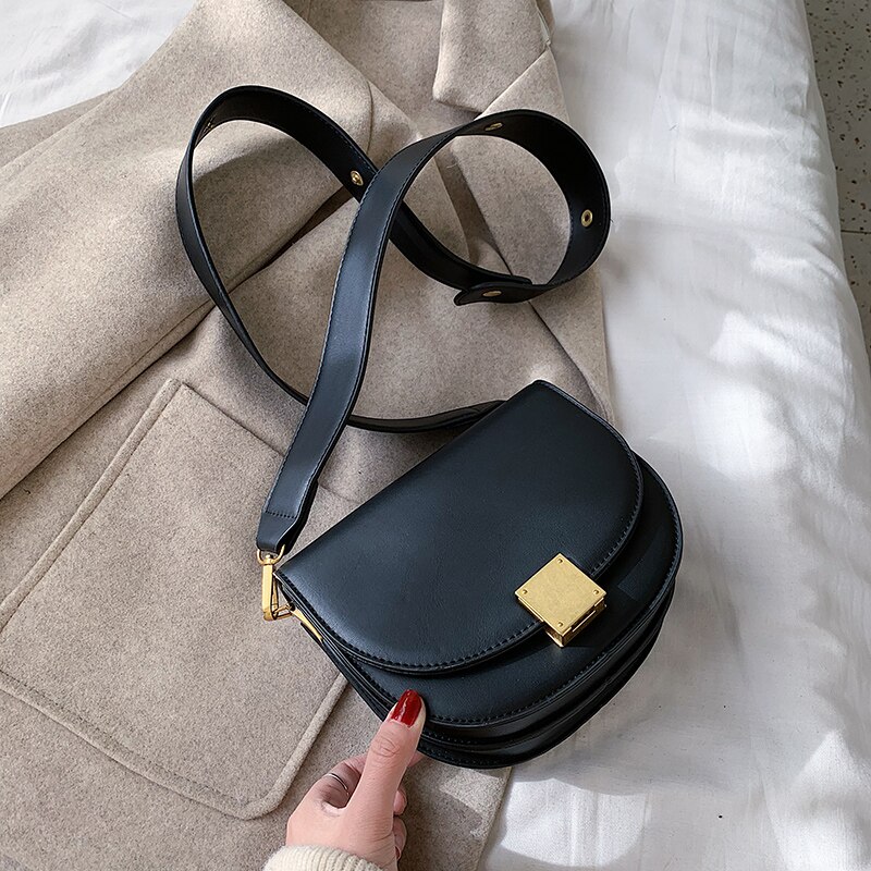 Sac à main de selle en cuir couleur Pure pour femmes, sac à main Vintage de bonne , sacoche à bandoulière à verrouillage de styliste, hiver: 19 CM Black
