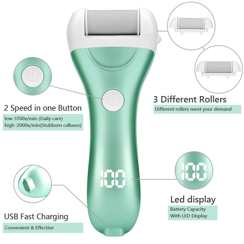 Elektrische Pedicure Voet Bestand USB Oplaadbare Power Display, 3 stks Slijpen Peeling Vervanging Hoofden Voor Hiel Eelt Remover