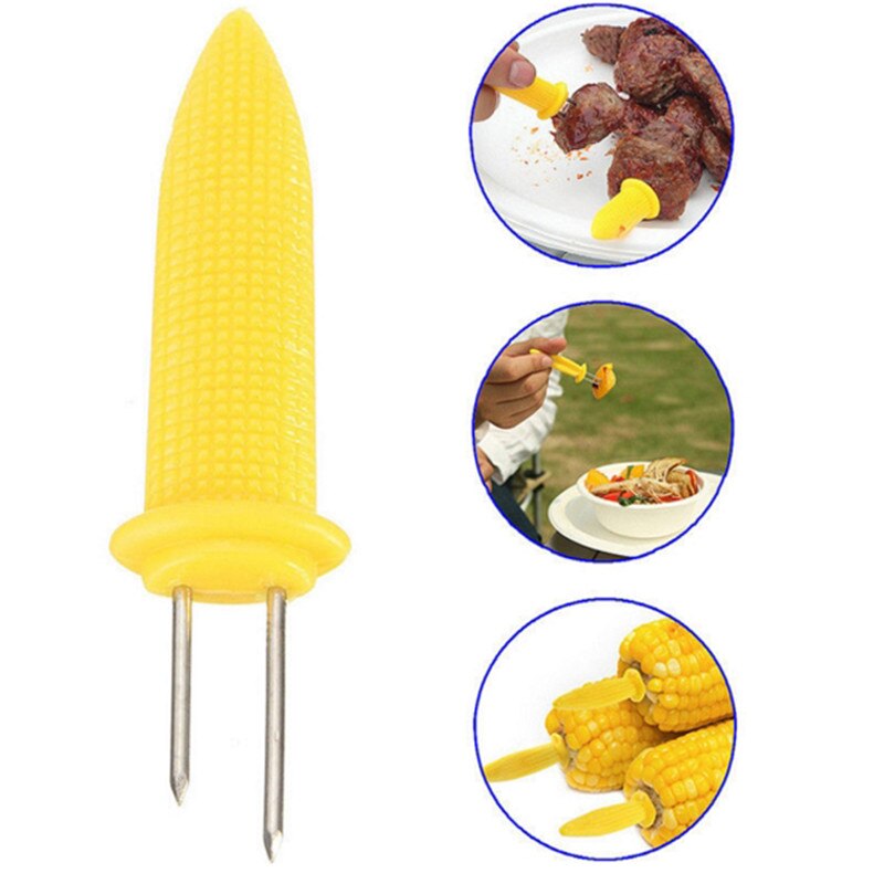 10pcs/pack Twin Prong Skewers Barbecue Fork Fruit Corn Holder BBQ Fork Garpu Tool Yellow