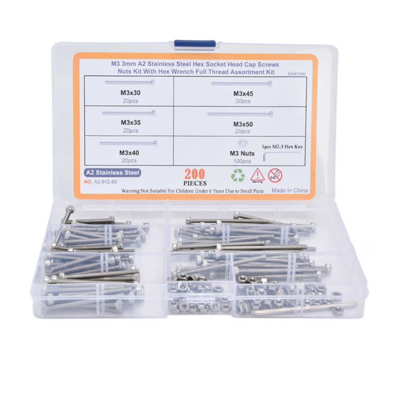 200Pcs Hex Nut Bolt Assortment Kit Hex Socket Head Cap Screws Assortment Set with Wrenches for Industry Cylinder Head Bolt Set: Stainless Steel