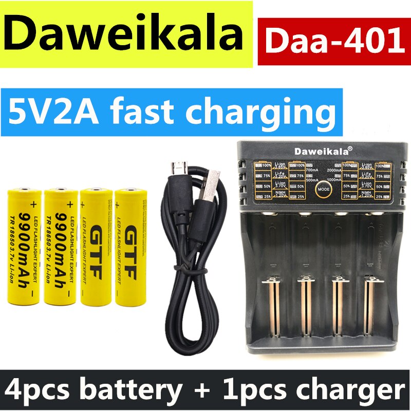4pcs 18650 battery 3.7V 9900mAh rechargeable liion battery with charger for Led flashlight batery litio battery+1pcs Charger: Gold