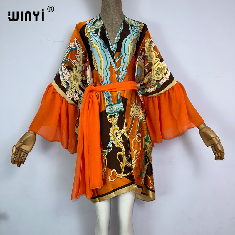 Winyi Kimono Bohemia Print Zelf Ceinted Jurk Vrouwen Elegante Zomer Bubble Mouw Vest Strandkleding Zwempak Cover Up: Lavendel