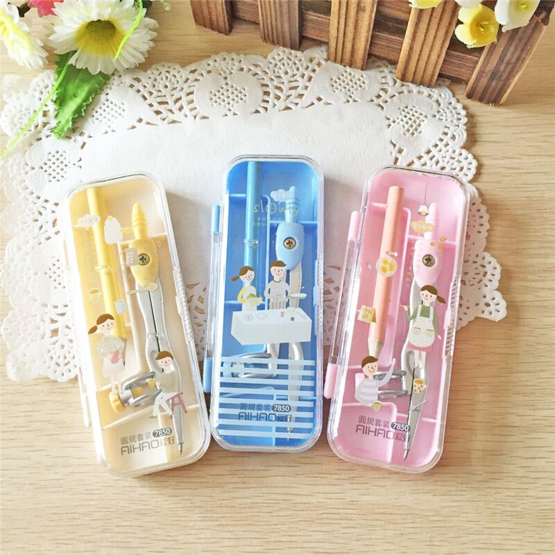 1Box Drawing Compasses Metal Compass with Pencil Chancery Cartoon Compass Love Couple School Drafting Office Supplies Stationery