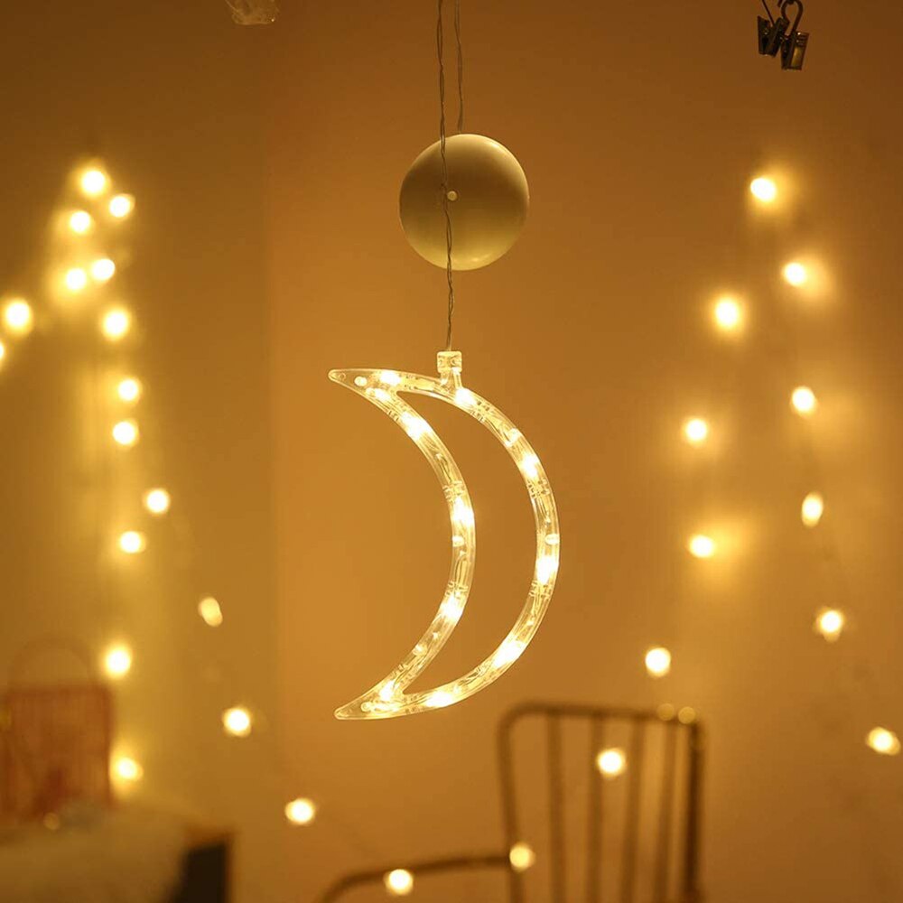 LED Christmas Curtains Light Sucker Window Hanging Lamps Xmas Tree Deer Bells Star Fairy Lights for Home Year Wedding Decor: Moon