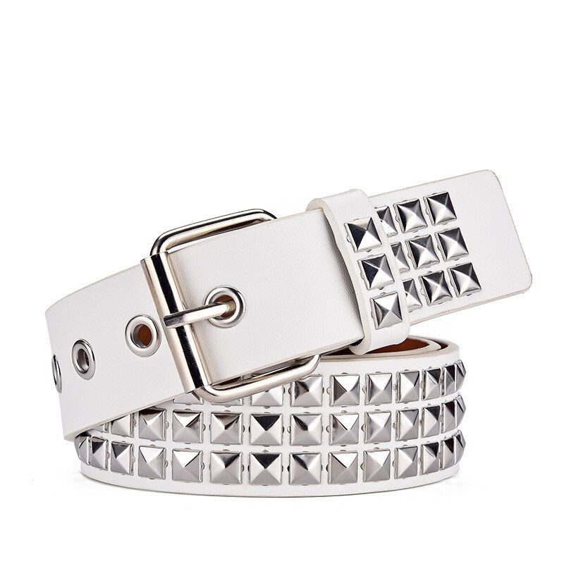 Square Beads Rivet Belt for Women Men Punk Rock With Pin Buckle Studded Belt for Dress Jeans Ceinture Femme: White