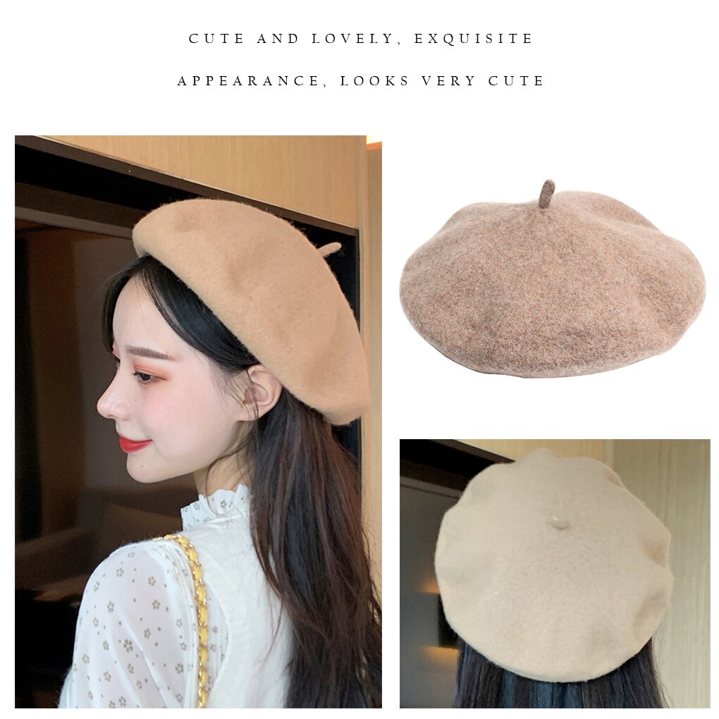 Women Girl Beret French Artist Warm Wool Winter Beanie Hat Cap Vintage Plain Beret Hats Solid Color Lady Winter Caps