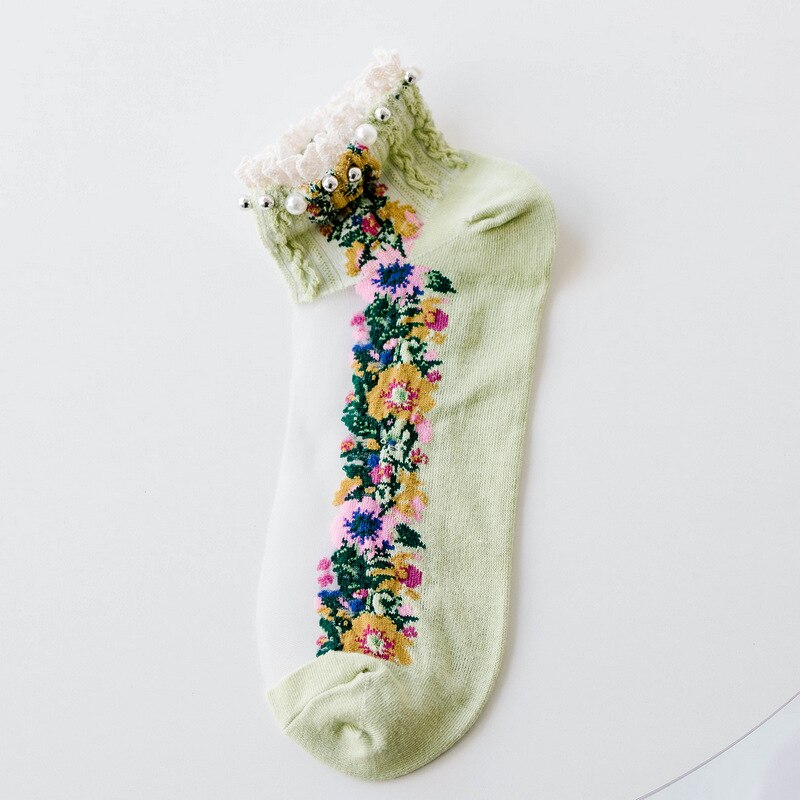 Spring Summer Retro Ankle Socks Pearl LIttle Floral Sock Mesh Patchwork Breathable Cotton Scck Cute Soft National style Hosiery: Green