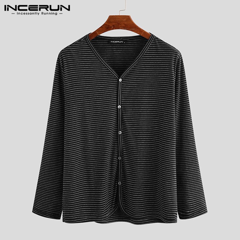 INCERUN Men Striped V Neck Casual Long Sleeve Button Leisure Cardigan Tops Homewear Breathable Thin Sleepwear Camiseta: Black / XL