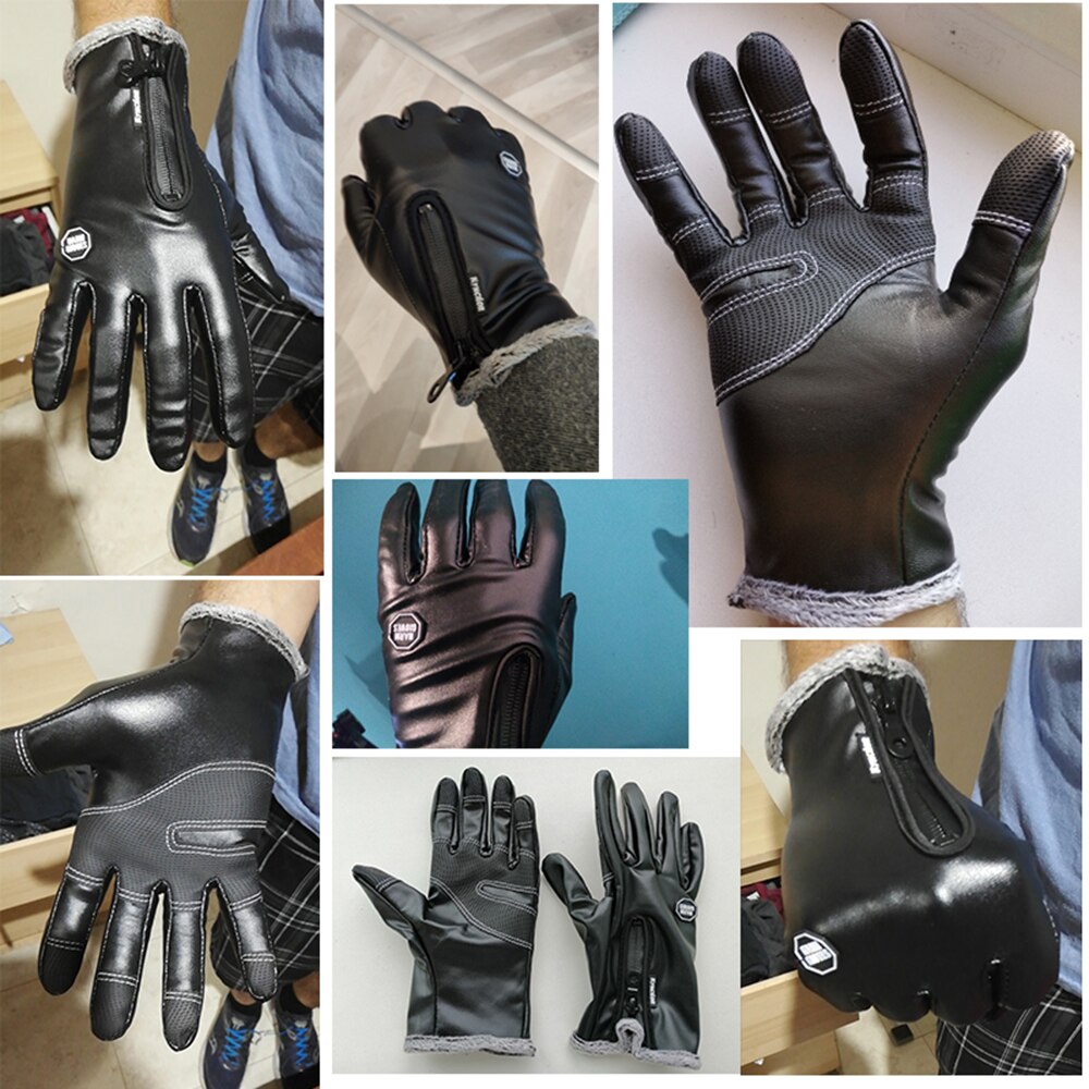 Guantes de cuero con pantalla táctil para hombre, resistentes al agua, de terciopelo negro, cálidos, para exteriores, antideslizantes, para Otoño e Invierno