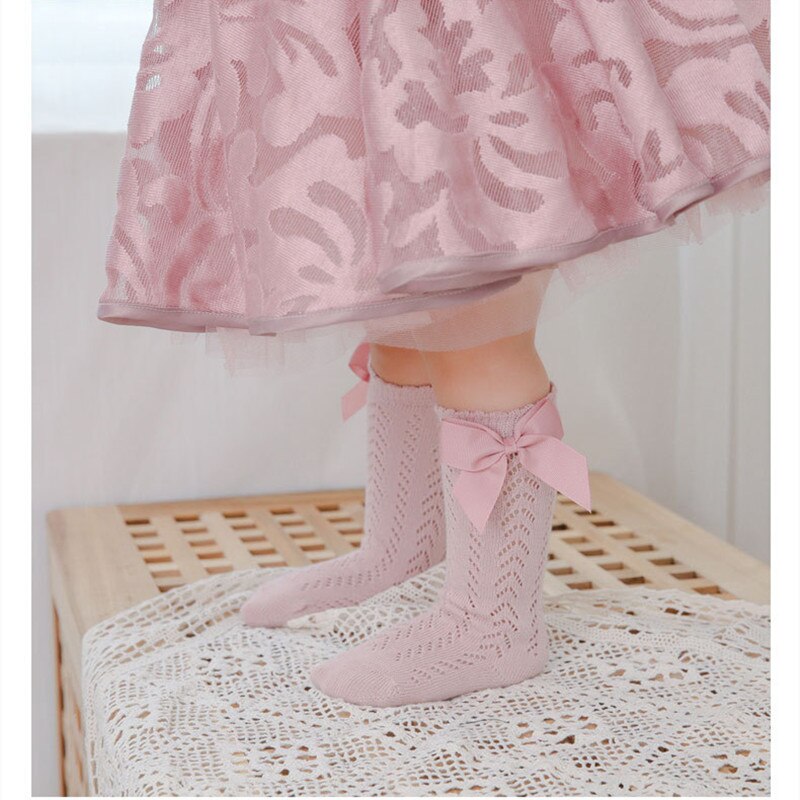 Calcetines largos con lazo para niñas pequeñas, calcetín hasta la rodilla, malla de algodón suave, estilo español, transpirables de 0 a 5 años