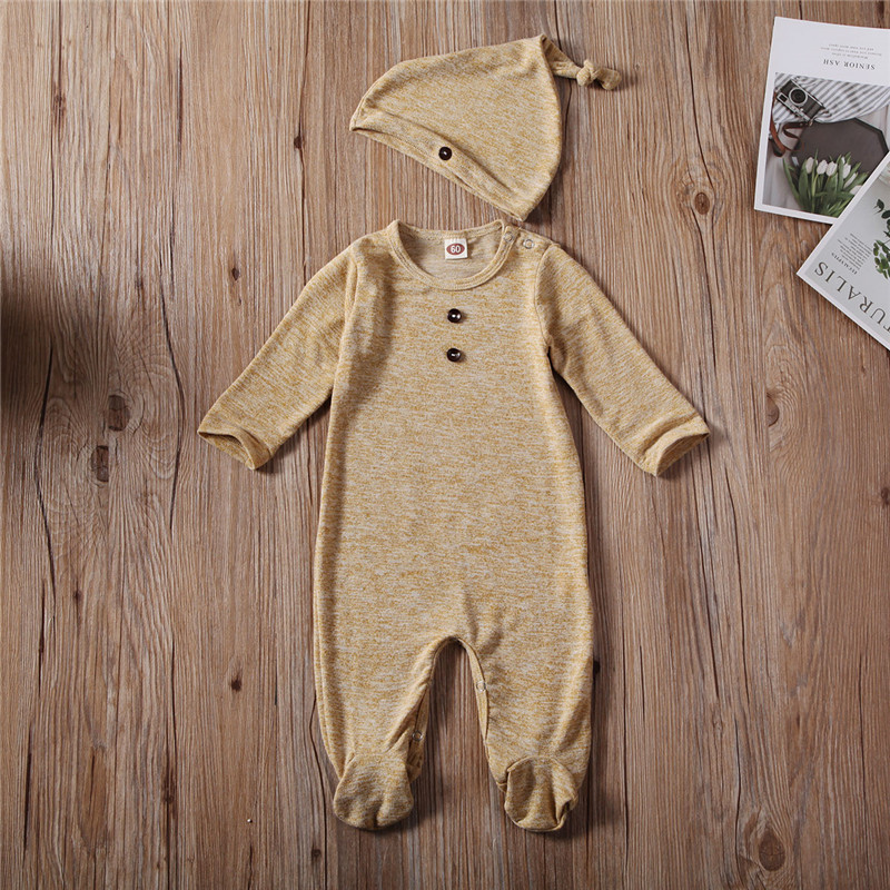 2Pcs Newborn Footies Baby Girl Boy Clothes Long Sleeve Jumpsuit Bodysuit + Hat Outfit: 6 12Months