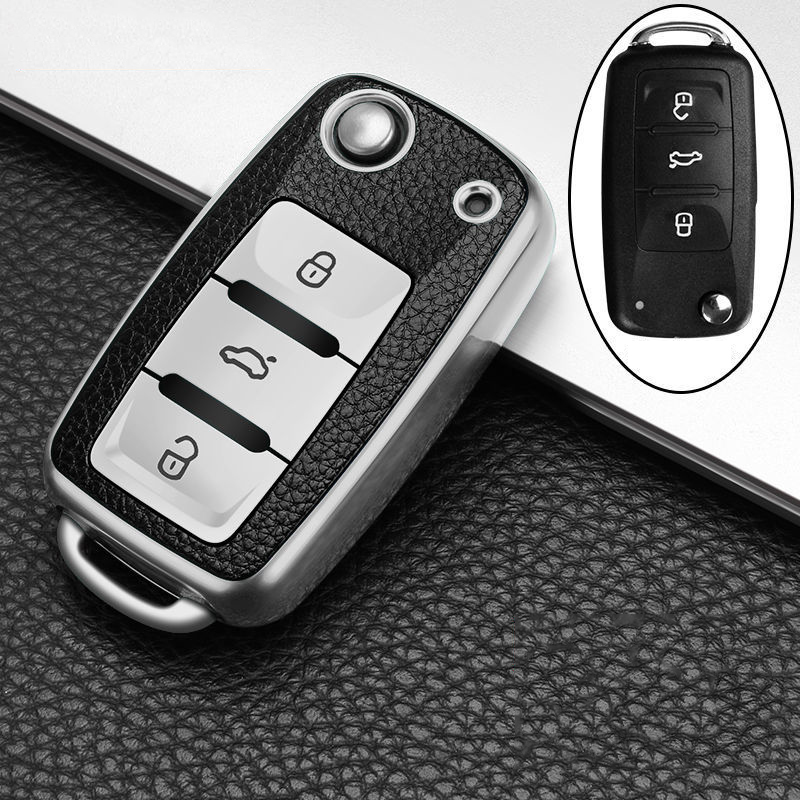 Tpu Lederen Auto Sleutel Cover Case Voor Volkswagen Vw Bora Polo Tiguan Jetta Passat B5 B6 B7 Golf Beetle voor Skoda Octavia: Zilver