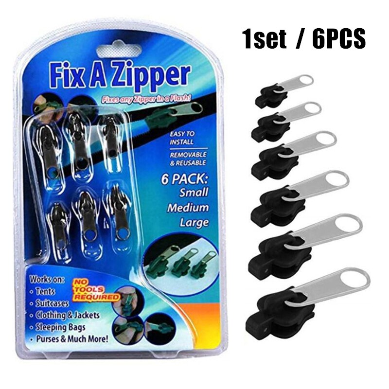 6Pcs/Set DIY Tools Universal Instant Fix Zipper Repair Kit Replacement Zip Slider Teeth Zippers For Sewing Clothes: Black Silver