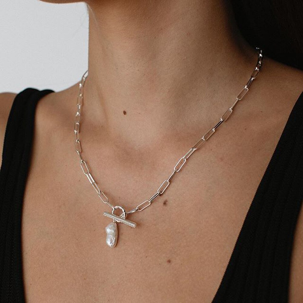 KMVEXO Gothic Baroque Irregular Round Pearl Pendant Choker Necklace for Women Wedding Party Punk Long Chain Necklaces Jewelry