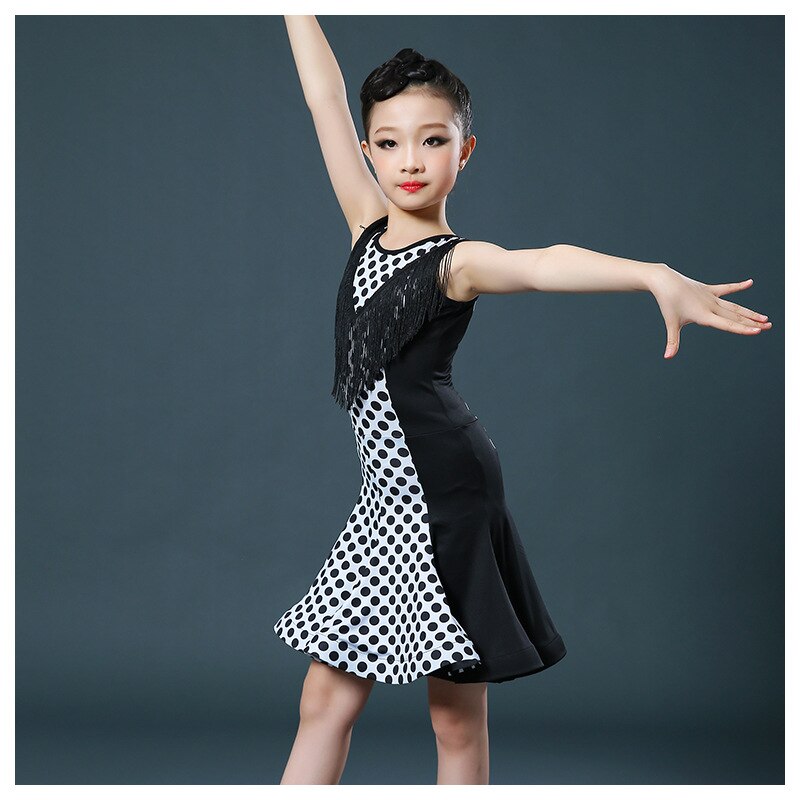 KINDOYO Meisjes Dans Kleding Kwast Hem Latin Dans Jurk Uitvoeringen Competitie Oefening Kostuum, Zwart/EU 150 = Tag 160