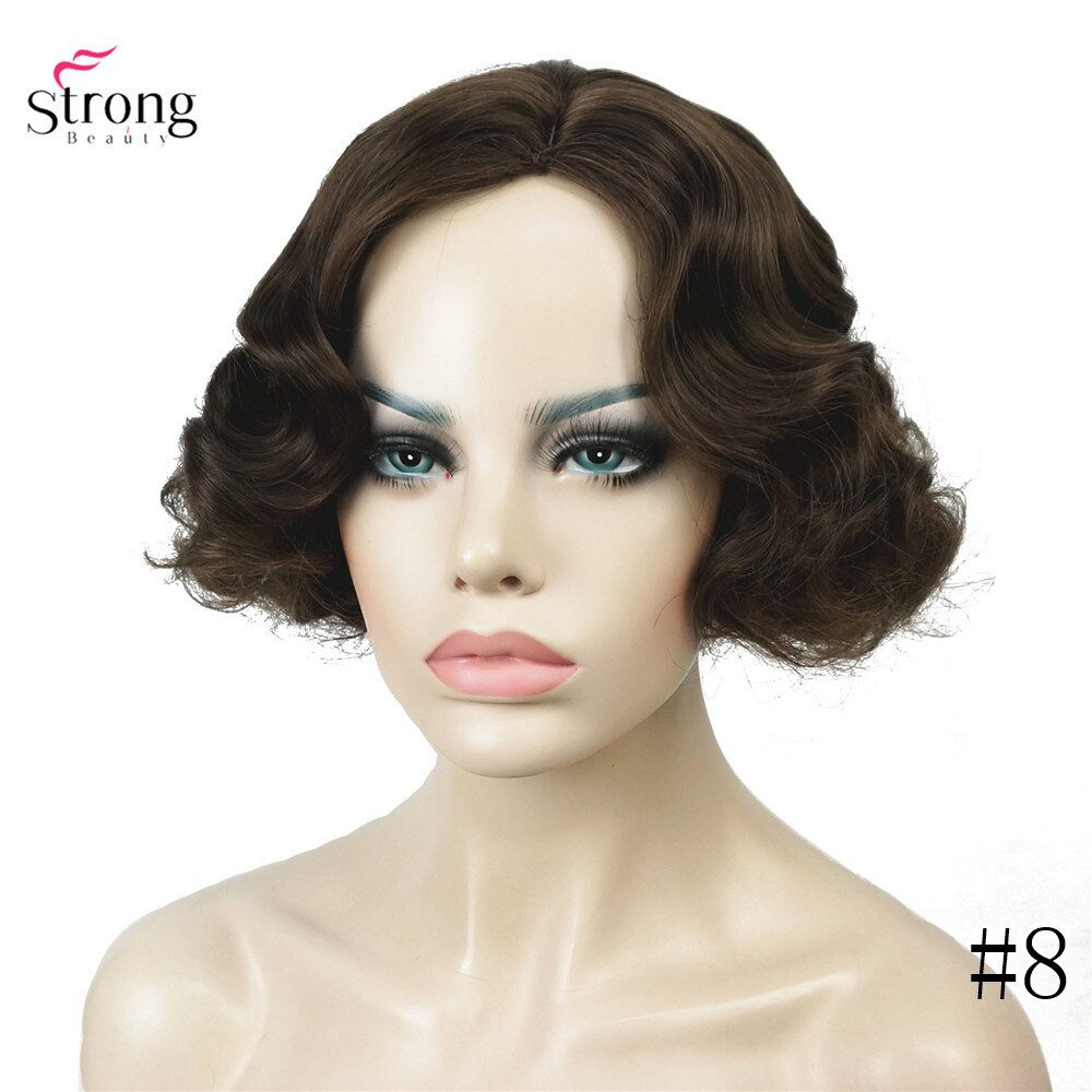 Strongbeauty finger wave frisyrer kort svart hår peruk lockigt syntetiskt