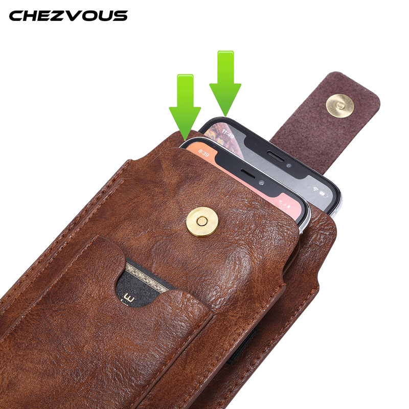 Chezvous telefone saco cinto clipe caso para iphone11 11pro x xr xs max 8 7 6 mais magro bolsa de couro dupla 4.7-6.4 com suporte de cartão