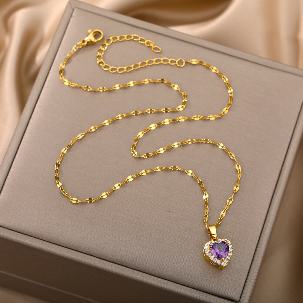 Paarse Kleur Hart Ketting Voor Vrouwen Franse Metal Liefde Sleutelbeen Keten Eenvoudige Zirkoon Hart Choker Hanger Ketting Bijoux Femme