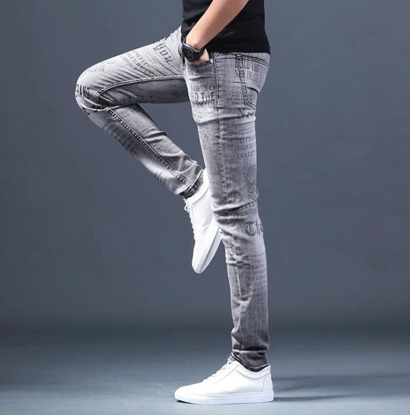 Mænds mandlige denim jeans europæisk mærke mænd sommer print personlighed slim stretch bukser bukser