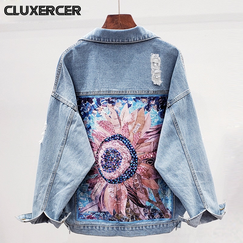 Chaqueta vaquera con estampado de estilo urbano para mujer, abrigo con agujeros de diamantes, ropa exterior informal holgada de vaquero para primavera y otoño.