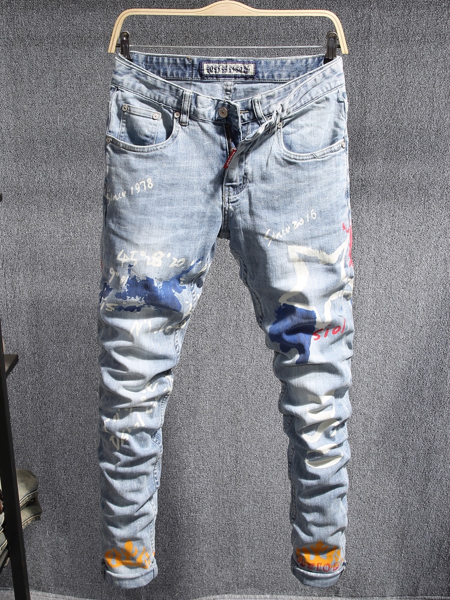 Newly Streetwear Men Jeans Light Blue Slim Fit Printed Jeans Men Elastic Denim Pencil Pants Hip Hop Jeans Homme