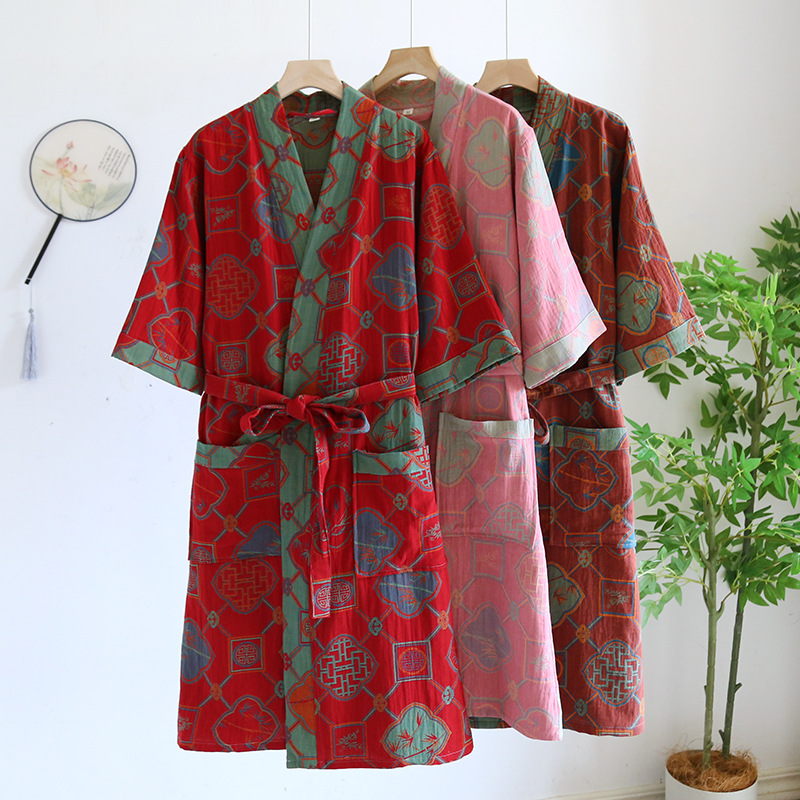 Paar Stijl Puur Katoenen Badjas Retro Mannen En Vrouwen Lente En Zomer Dunne Pyjama Absorberende Badjassen