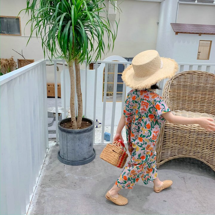 Macacão infantil para verão, roupas florais para meninas, macacão casual japones e coreano para bebês e crianças 2020