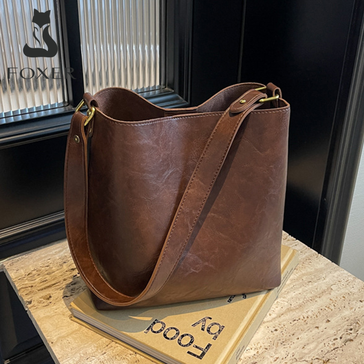 FOXER Women Simple Shoulder Hobo Bucket Bag Lady Large Capacity Daily Commuting Crossbody Handbag Tote