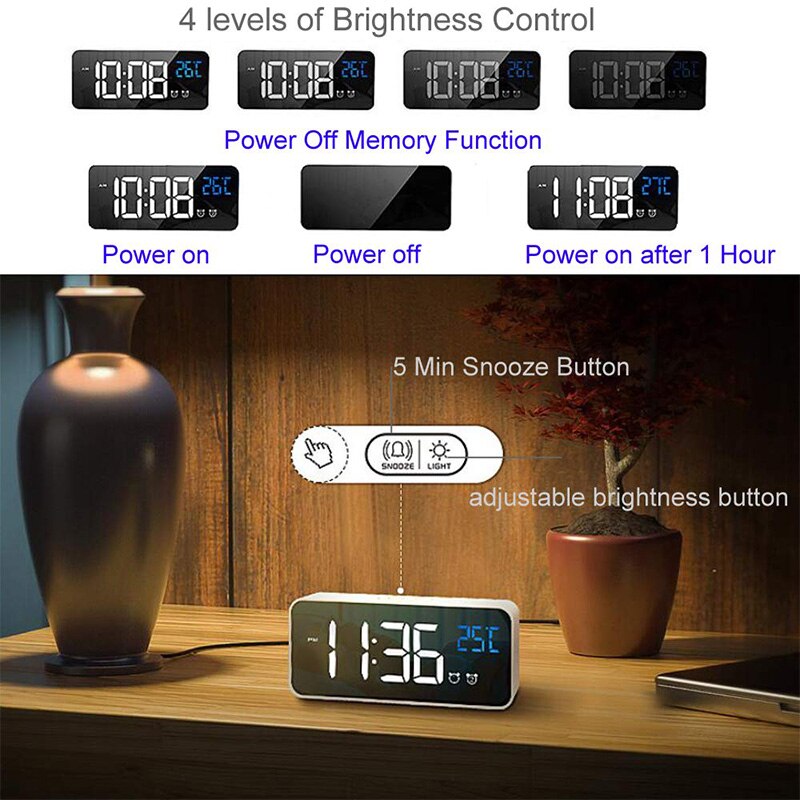 Digital Alarm Clock for Bedrooms Heavy Sleepers Bedside LED Display with USB Port Charger, 2 Alarm Clock, Snooze, Time(White)
