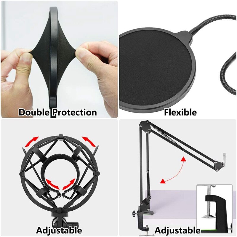 Microphone,Cardioid Condenser Microphone Kit,with Boom Arm Shock Absorber Bracket Blowout Prevention Net,for Game,Record