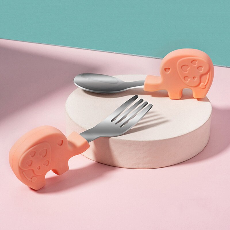 2 pz/impostato da tavola per bambini cartone animato a forma di animale cucchiaio per bambini e forchetta impostato in acciaio inox alimentazione gadget per bambini formazione: rosa elefante