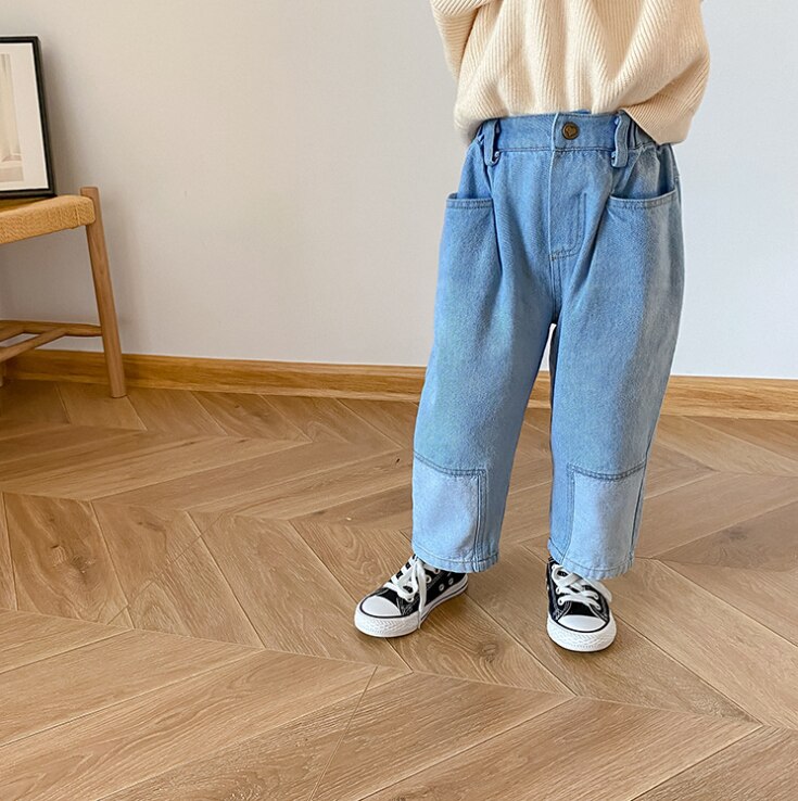 1-7 Years Autumn Girls Patched Jeans Boys Patchwork Denim Pants Kids Trousers: 3T