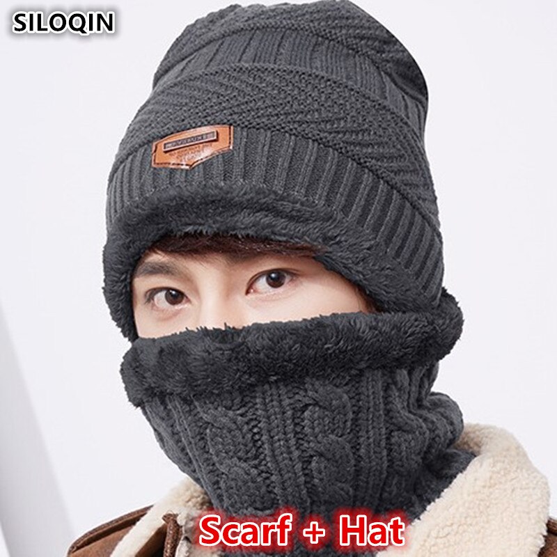 SILOQIN Winter Men's Beanie Hat Plus Velvet Thick Windproof Warm Scarf Knitted Wool Hats For Men Multipurpose Collar Earmuff Cap