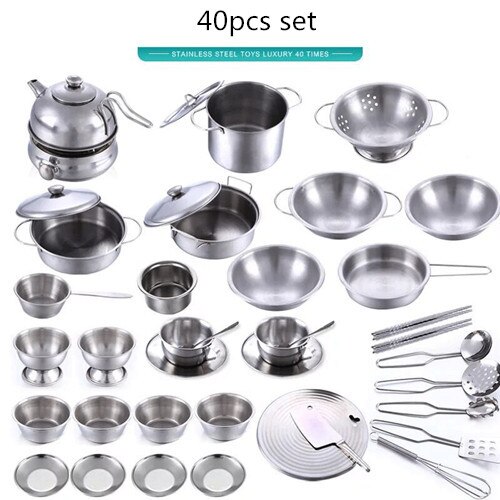 40Pcs Stainless Steel Kids House Kitchen Toy Cooking Cookware Children Pretend & Play Kitchen Playset for Children- Silver: 40Pcs No box