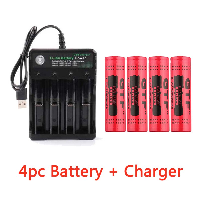 GTF 3.7V 18650 12000mAh Rechargeable Battery 2/4/8pcs Battery + 4 Slots 3.7V 18650 USB charger: charger 4pc battery