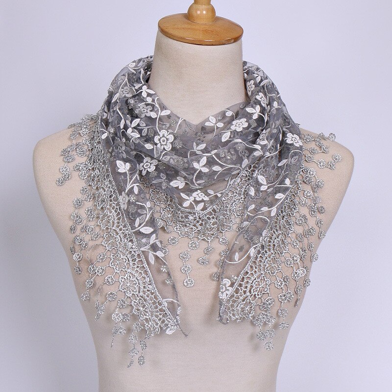 Women Lace Tassel Triangle Scarf Sheer Metallic Women Floral Scarves Shawl Female Triangle Bufanda Mujer Hollow Scarf #A