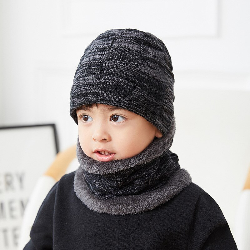 Winter Beanie Hoeden Sjaal Set Warme Muts Skull Cap Halswarmer Met Dikke Fleece Gevoerde Winter Hoed En Sjaal voor Mannen Vrouwen: kid black gray