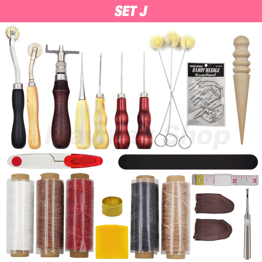 Pine Wood Leathercraft Hand Stitching Clamp Leathercraft Tool Set Kits Leather Punching Carving Saddle Groover Tools Storage DIY: SET J
