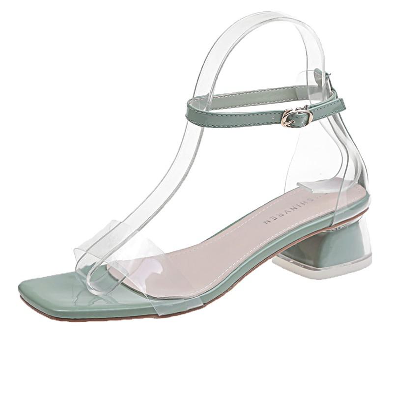 Kvinder pu sandaler forår sommer damer høj firkantet hæl 5cm peep-toe arbejdssandaler kvinder casual sandalia: Grøn / 39