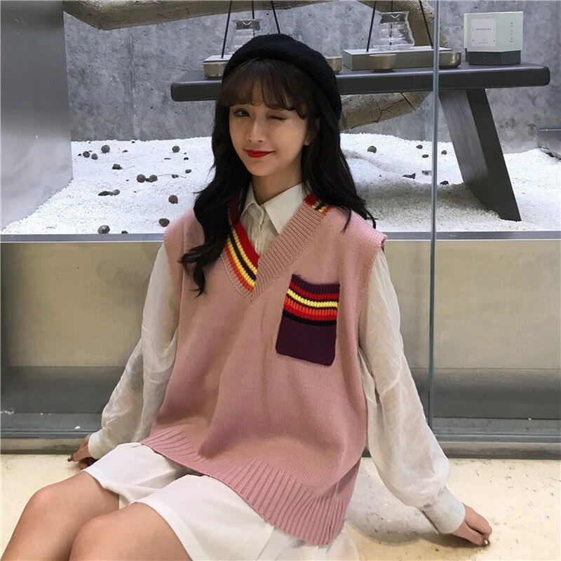 Tröja väst dam regnbågsficka stickad ärmlös dam all-match pullover elasticitet lös enkel höst ulzzang