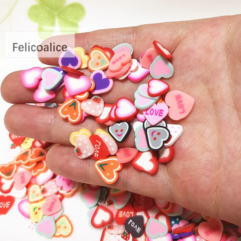 200Pcs 10Mm Klei Slice Ronde Vorm Bloemen Hart Cake Polymer Sprinkles Voor Sieraden Maken Diy Handgemaakte Scrapbooking Accessoires: Hearts 20g