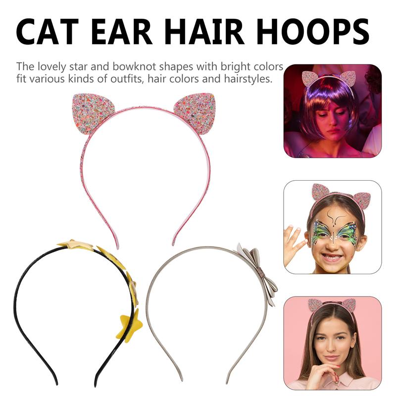 3 uds Oreja de Gato estrella encantadora brillante diadema tocado purpurina, cabello aros sombreros niños diademas